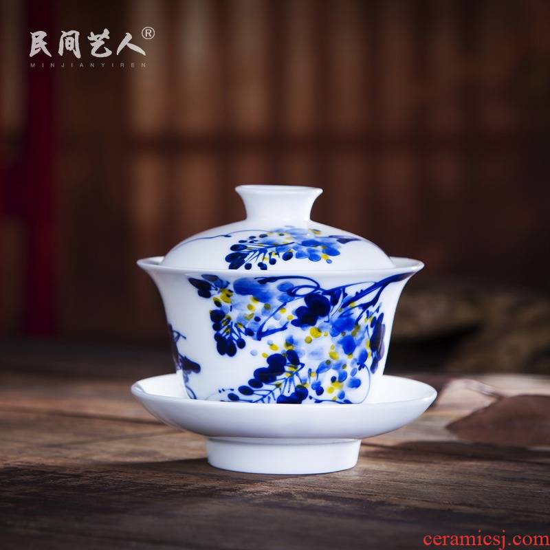 Hand draw large tureen jingdezhen blue and white porcelain bowl with kung fu tea set Chinese style heat only three cups of tea cups