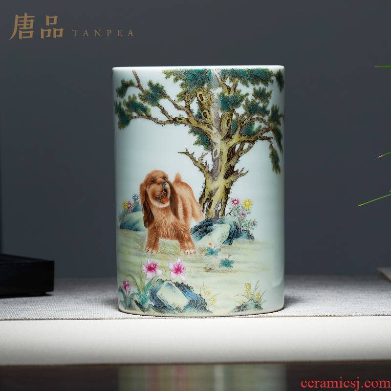 Jingdezhen ceramic famille rose colored enamel brush pot dog "four furnishing articles antique collection acura literati, pine