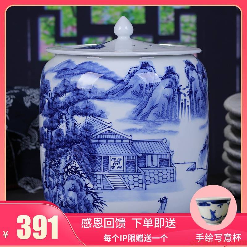 Jingdezhen blue and white landscape ceramic hand - made caddy fixings large tea cake tin puer tea urn home ten loaves of bread