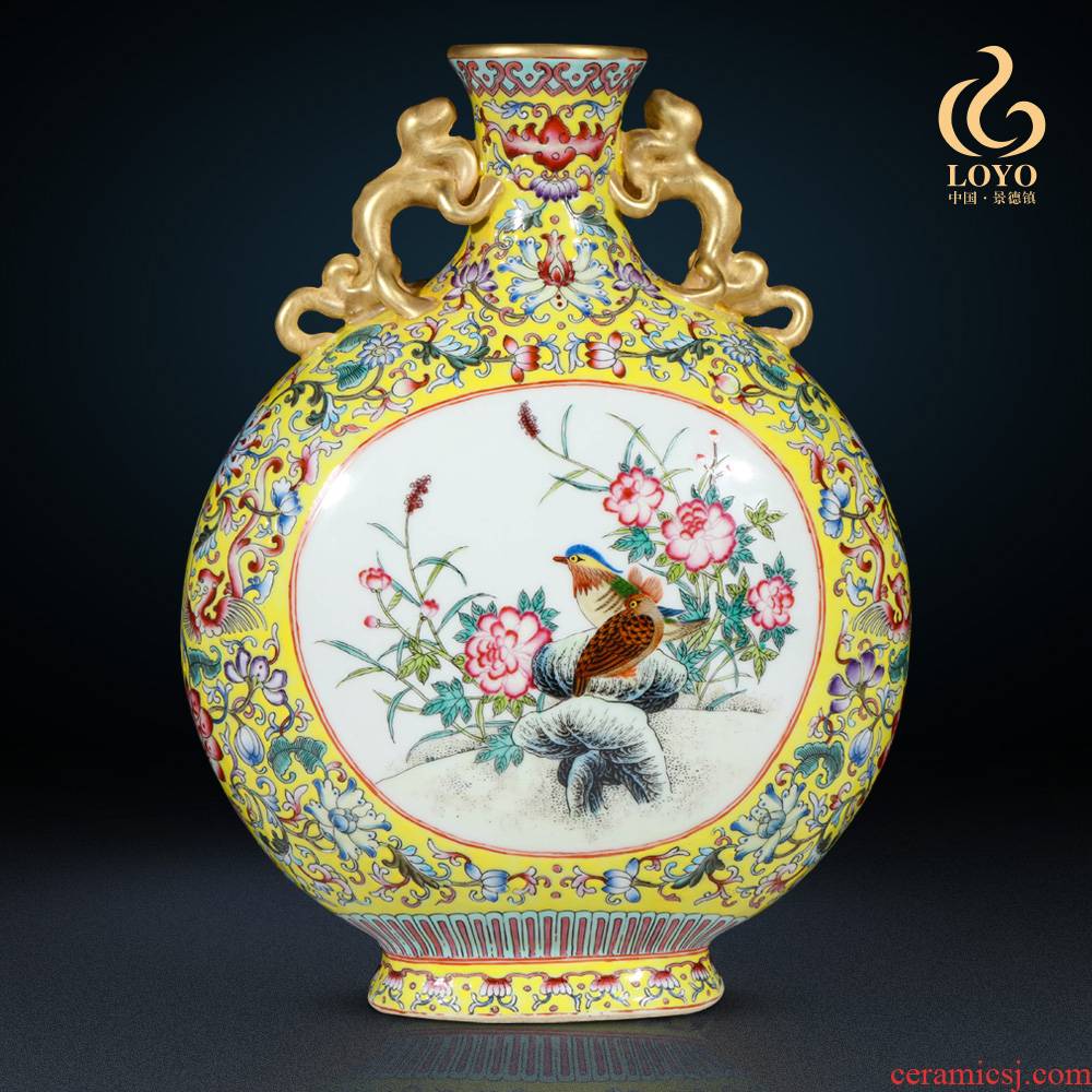 Jingdezhen ceramics archaize pastel yellow to open the flowers and birds on the vase Chinese style living room decorative furnishing articles