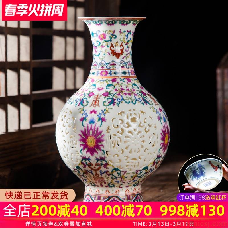 Jingdezhen ceramic creative furnishing articles hollow out powder enamel vase flower arranging flower implement modern Chinese style home sitting room adornment