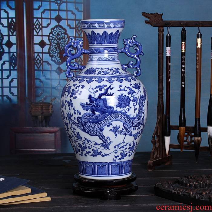 Jingdezhen porcelain hand - made ceramic vase of blue and white porcelain dragon double ears flower arrangement sitting room adornment handicraft furnishing articles