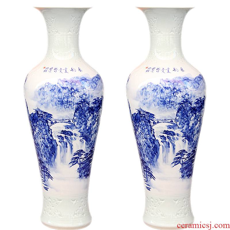 Sf6 jingdezhen ceramic masters hand draw landscape painting of large blue and white porcelain vase decoration furnishing articles large living room