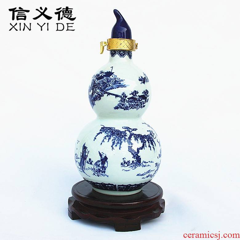2 jins of jingdezhen ceramics with blue and white landscape character gourd sealed mercifully jars wine liquor bottle 2 jins