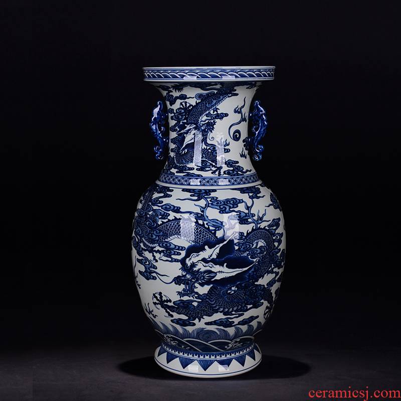 Jingdezhen blue and white ears longfeng antique hand - made ceramics vase vase living room a study process decorative furnishing articles