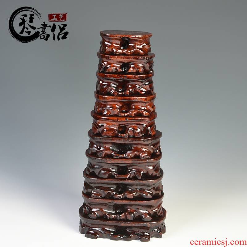 Pianology picking solid wood carving handicraft stone base solid wood miniascape of oval base jade stone base