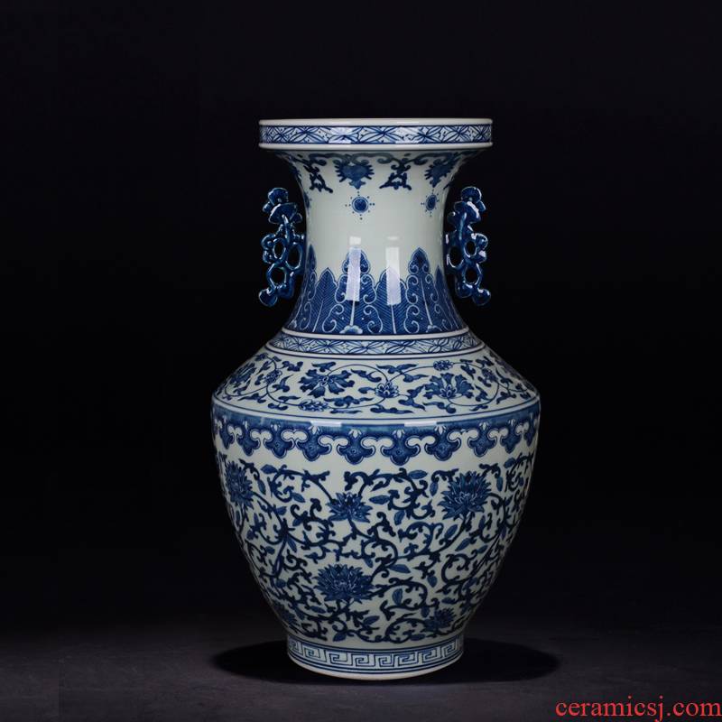 Jingdezhen porcelain vases, antique hand - made porcelain ears around branch lotus bottle study crafts are sitting room