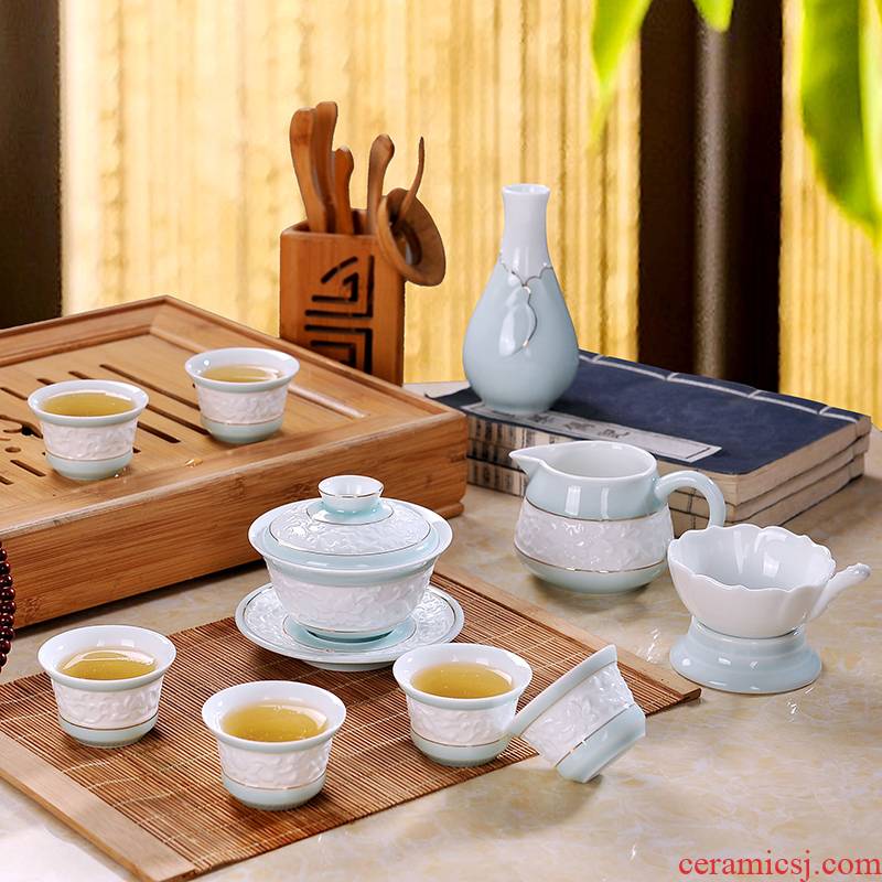 Jingdezhen ceramic tea set shadow celadon hand paint a complete set of kung fu tea flower tureen gift porcelain cups