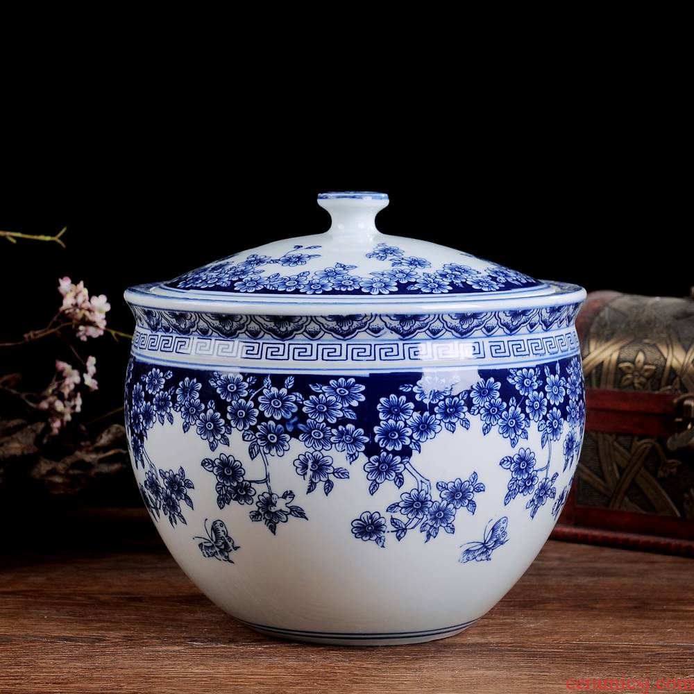 Furnishing articles storage tank with cover of blue and white porcelain of jingdezhen ceramics grain in traditional Chinese medicine food rice, cooking pot pot