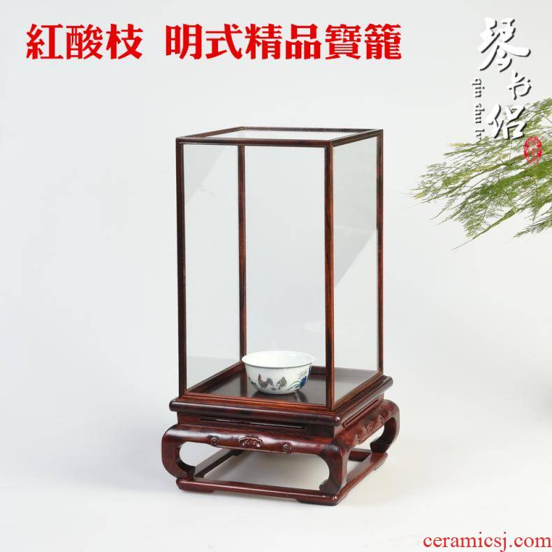 Pianology picking red mahogany acid branches treasure cage the glass base solid woodcarving figure of Buddha jade show cover box dust cover