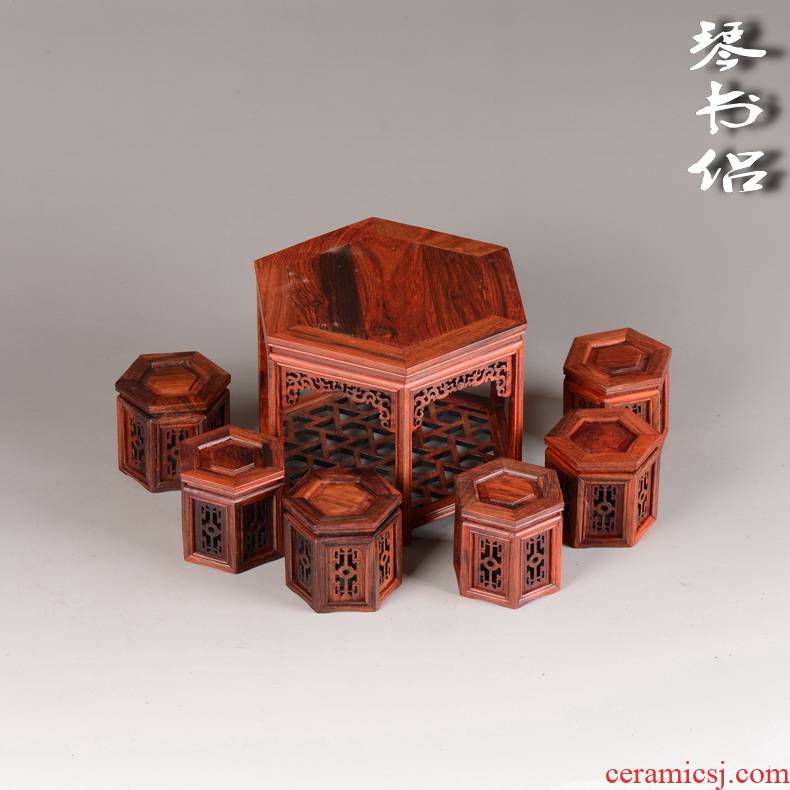 Red wood carving handicraft furnishing articles ceramic tea pot - base acid miniature furniture in the Ming and the qing dynasties, the six - party table model