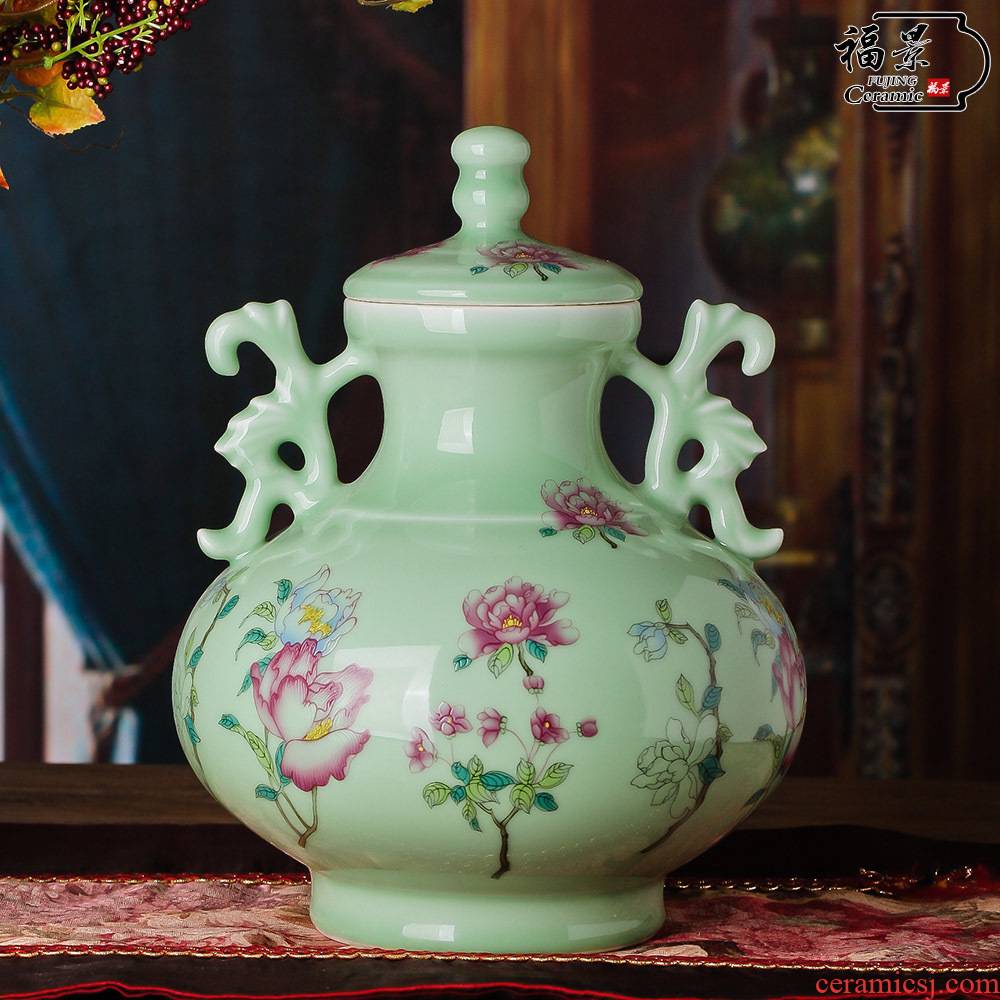 The scene household pure manual pea green glaze furnishing articles of modern decorative arts and crafts ceramics vase peony in The living room