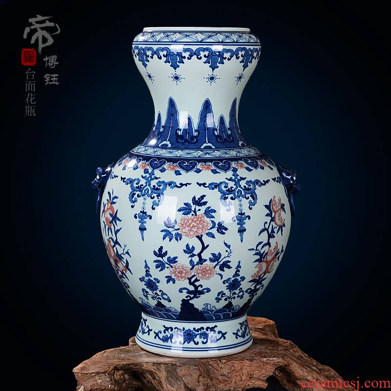 Jingdezhen ceramic vase manual archaize ears of blue and white porcelain vase peach decoration crafts home furnishing articles