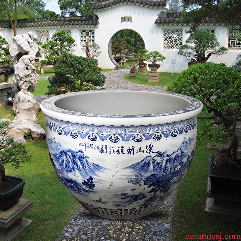 Blue and white porcelain tank 1 meter big basin of water tanks porcelain jar water lily lotus bowl lotus cylinder cylinder tortoise courtyard