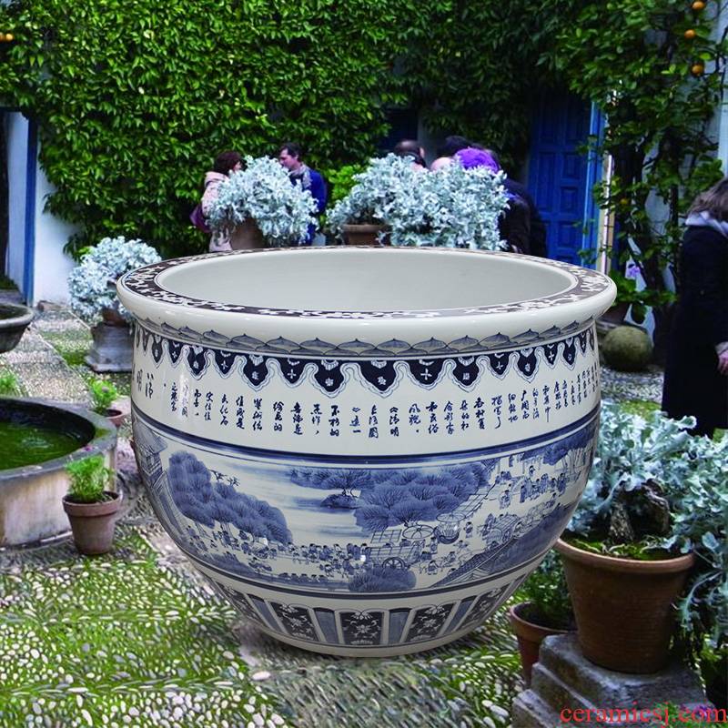 Blue and white porcelain tank 1 meter big basin of water tanks porcelain jar water lily lotus bowl lotus cylinder cylinder tortoise courtyard