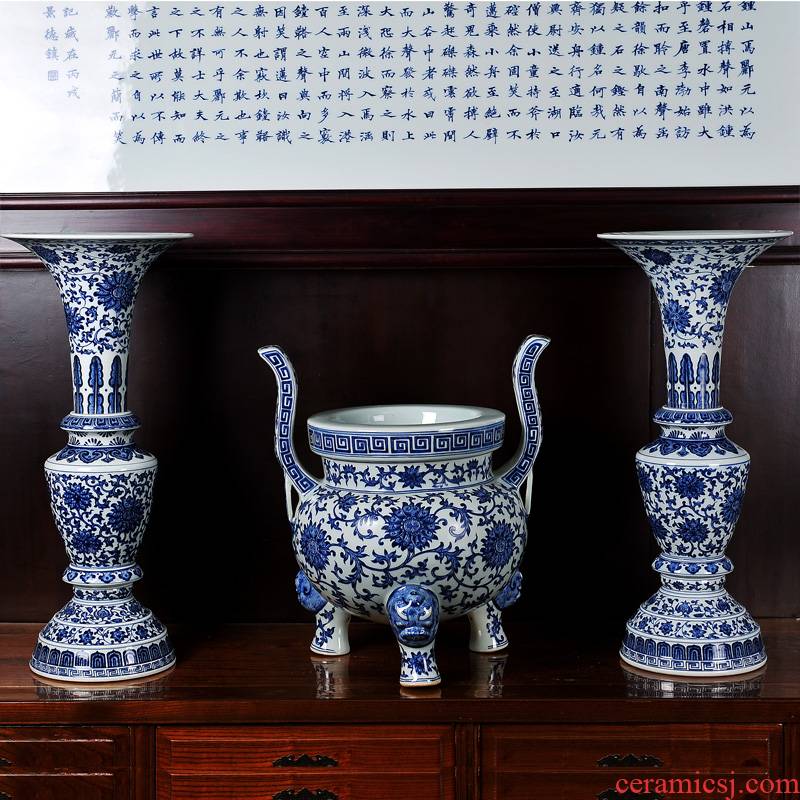 Jingdezhen ceramics imitation kangxi censer three - piece suit of blue and white porcelain vase household technology sitting room place collection