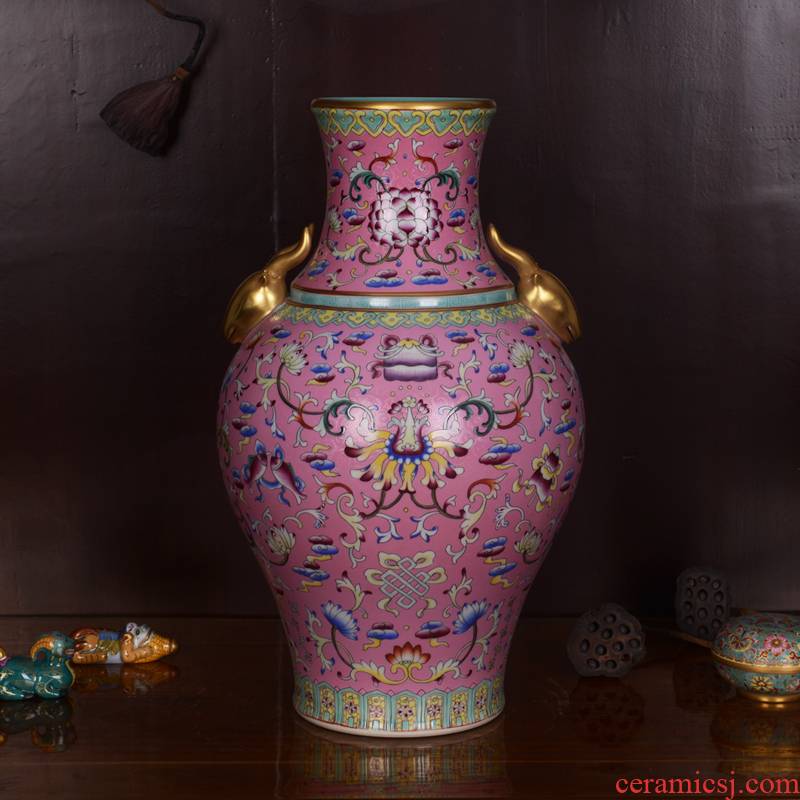 Jingdezhen ceramics high - grade hand - made archaize qianlong pastel fishtail sitting room place vase household adornment process
