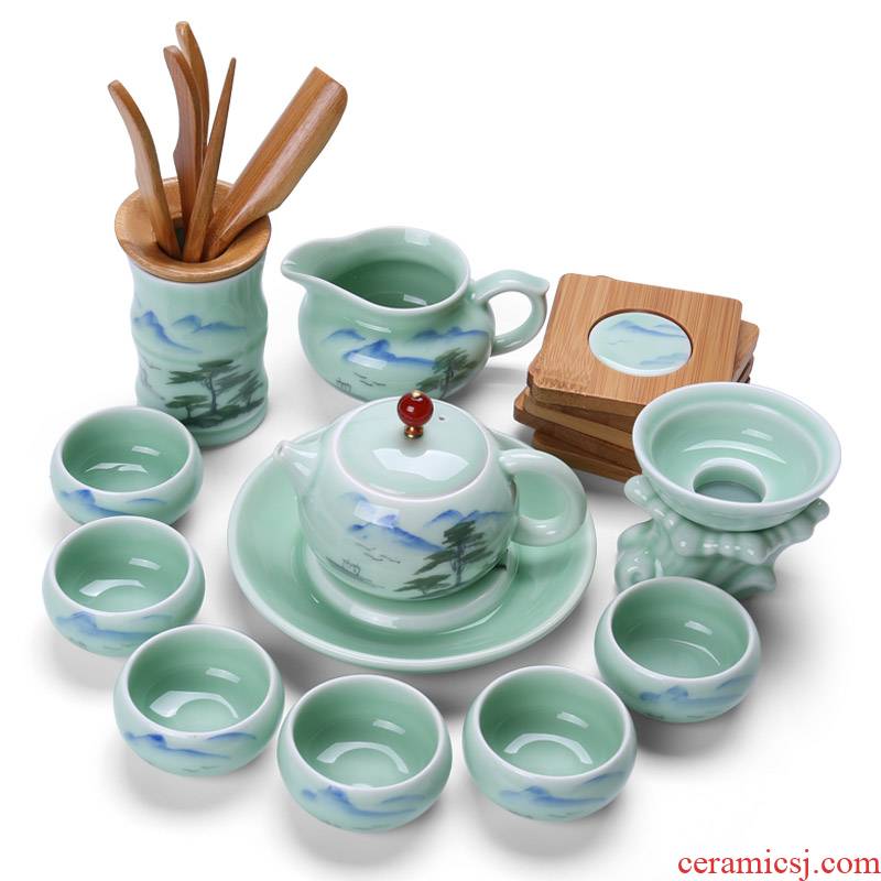 Chiang kai - shek household ceramics kung fu tea set of a complete set of celadon hand - made tea tea set 23 into the gift boxes