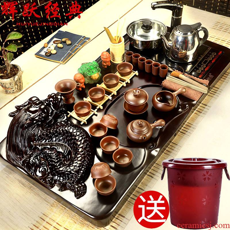 Hui ru up make crack kung fu tea set a complete set of ceramic ice induction cooker block solid wood tea tray is home