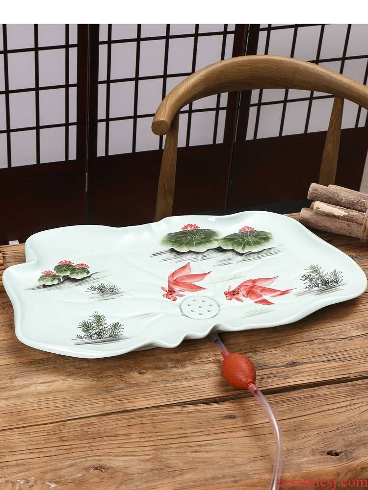 Kung fu tea tray drainage type large time celadon hand - made lotus lotus leaf tea sea home u.s single ceramic tray