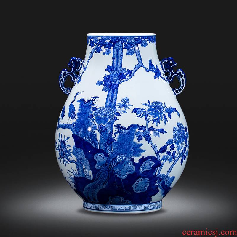Jingdezhen ceramics hand blue and white porcelain vase archaize qianlong double listen Chinese sitting room adornment is placed