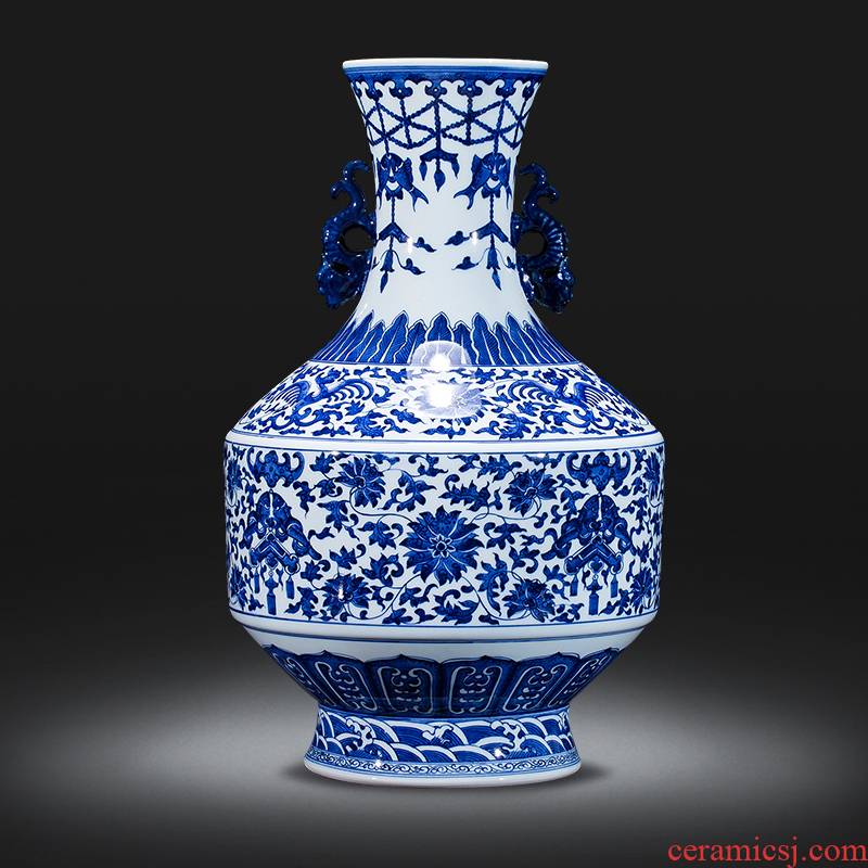 Archaize of jingdezhen blue and white porcelain ear side shoulder bottle of pottery and porcelain vase furnishing articles Chinese rich ancient frame sitting room adornment
