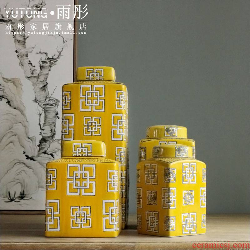 Rain tong home | jingdezhen ceramics European yellow lemon yellow square ceramic pot home decoration furnishing articles