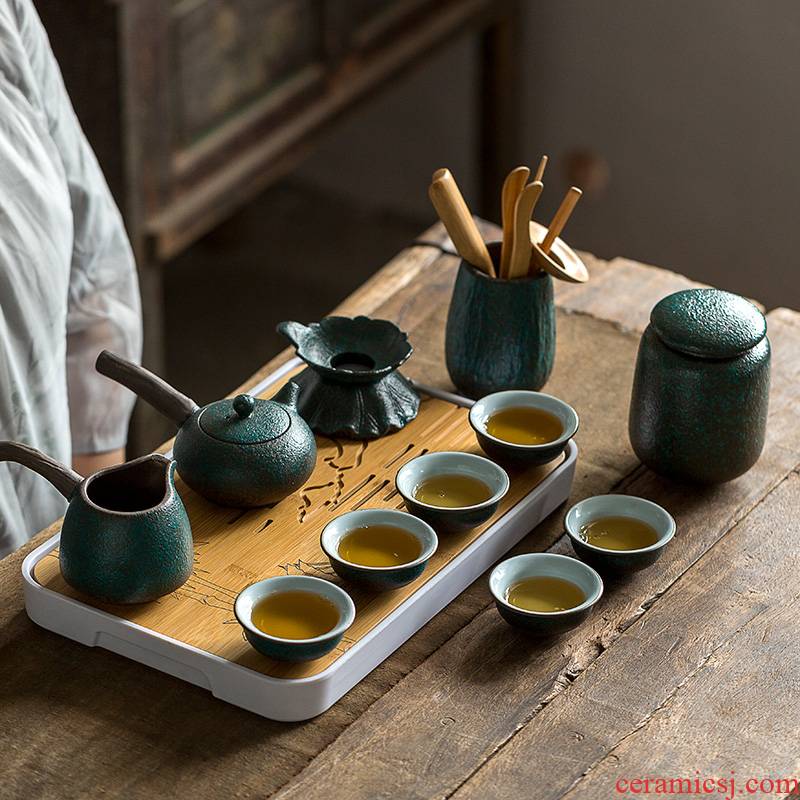 Jun ware moss coarse pottery kung fu tea set suit creative Japanese household ceramic teapot tea tray of a complete set of restoring ancient ways suit