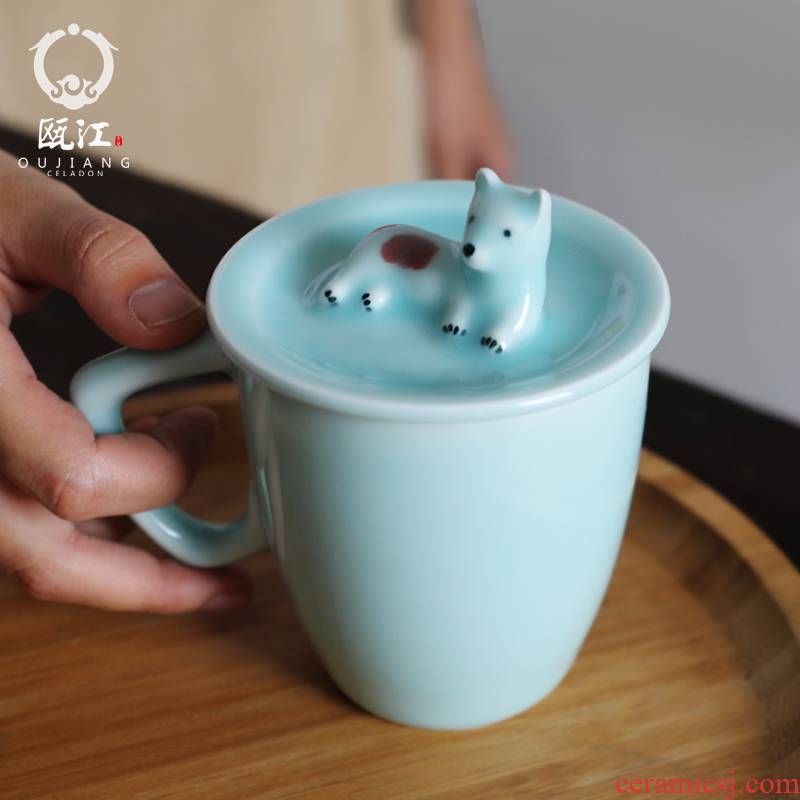 Oujiang longquan celadon teacup with cover glass creative soft stirring office home mark cup sweet milk cup