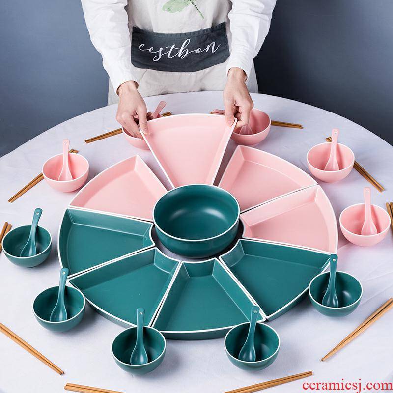 Ceramic platter tableware for household of Chinese style table plate fan - shaped plate hot pot dishes set combination