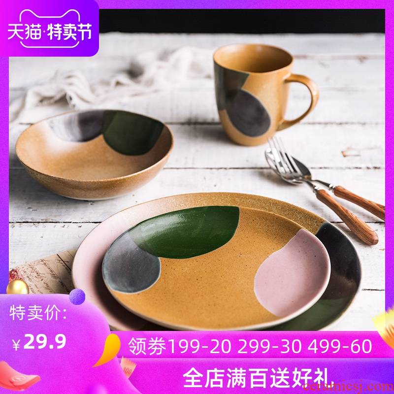 Lototo Japanese retro salad bowl single milk cup hand - made ceramic tableware plate plate plate
