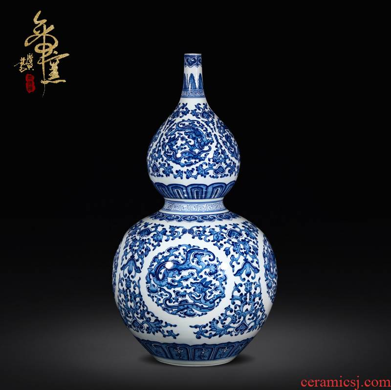 Jingdezhen ceramics imitation the qing qianlong blue tie up lotus flower dragon gourd vases living room TV cabinet decorative furnishing articles