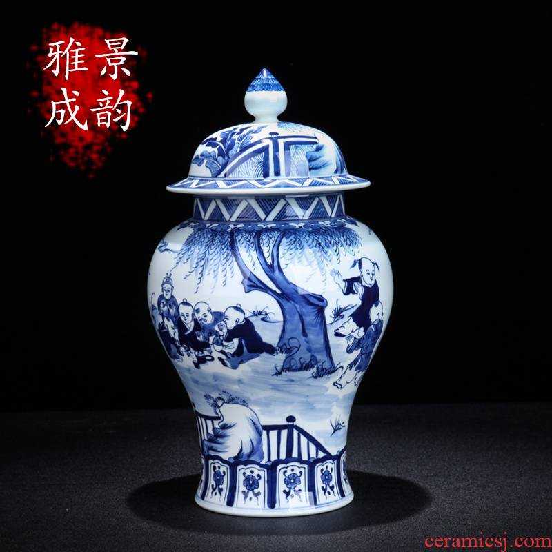 Jingdezhen ceramic tong qu the general pot of blue and white porcelain decorative furnishing articles new sitting room of Chinese style household porcelain arts and crafts