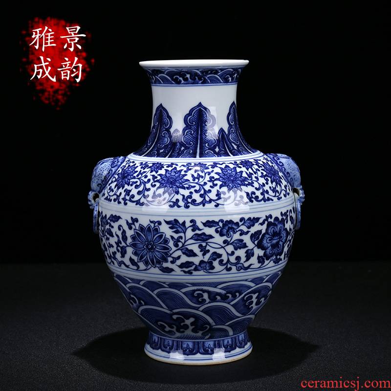 Blue and white porcelain of jingdezhen ceramics maintain bound branch lotus double elephant statute of home sitting room porch porcelain ornaments furnishing articles