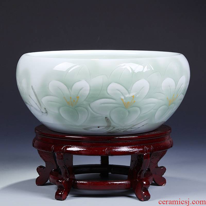 Jingdezhen ceramics goldfish bowl water lily shallow tortoise cylinder furnishing articles lotus basin custom perforated medium sitting room