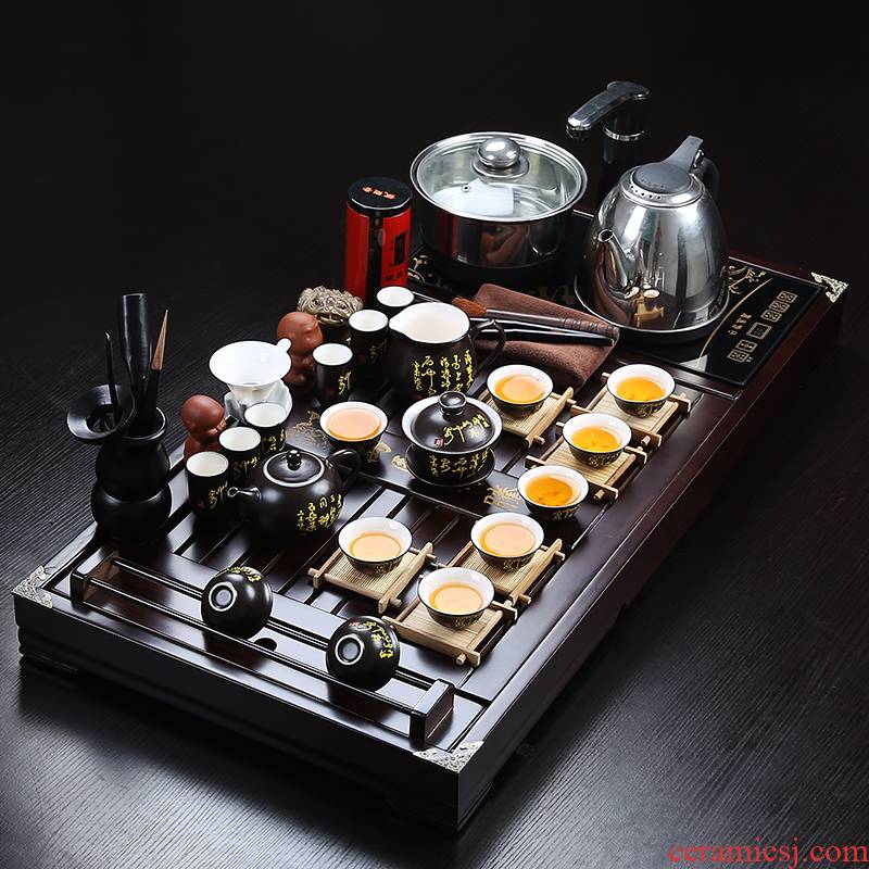 Tea set solid wood Tea tray was purple ice to crack your up kung fu Tea set electric heating furnace of a complete set of Tea cups