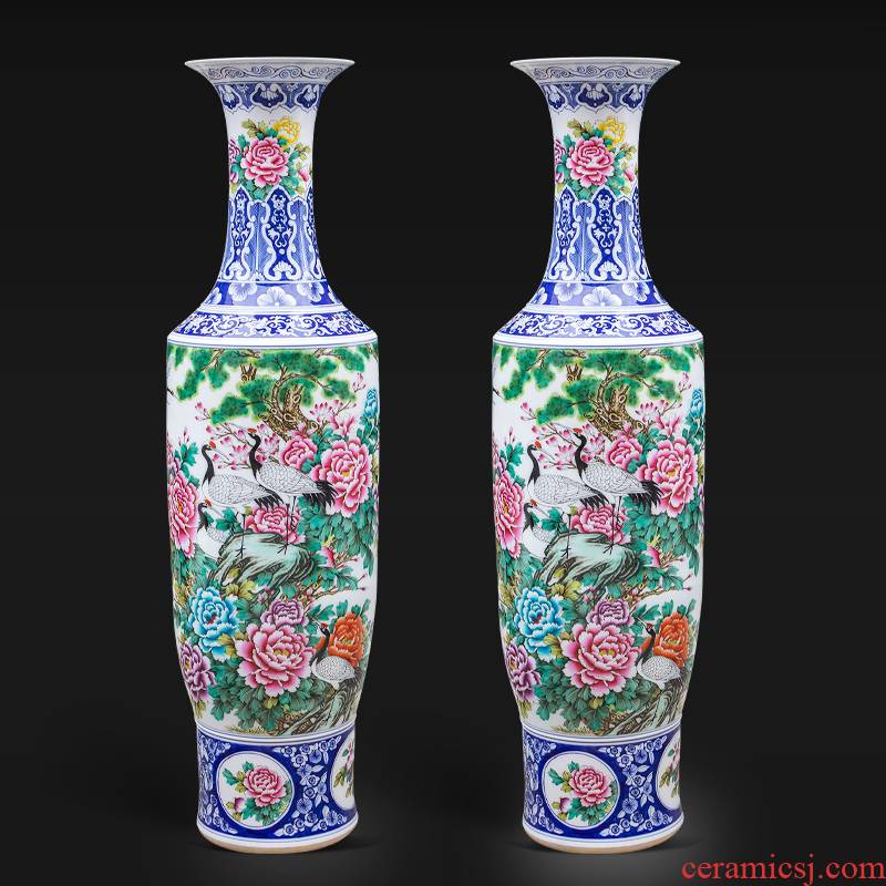 Jingdezhen landing big vase large hand - made pastel six cranes with spring sitting room home furnishing articles hotel opening gifts