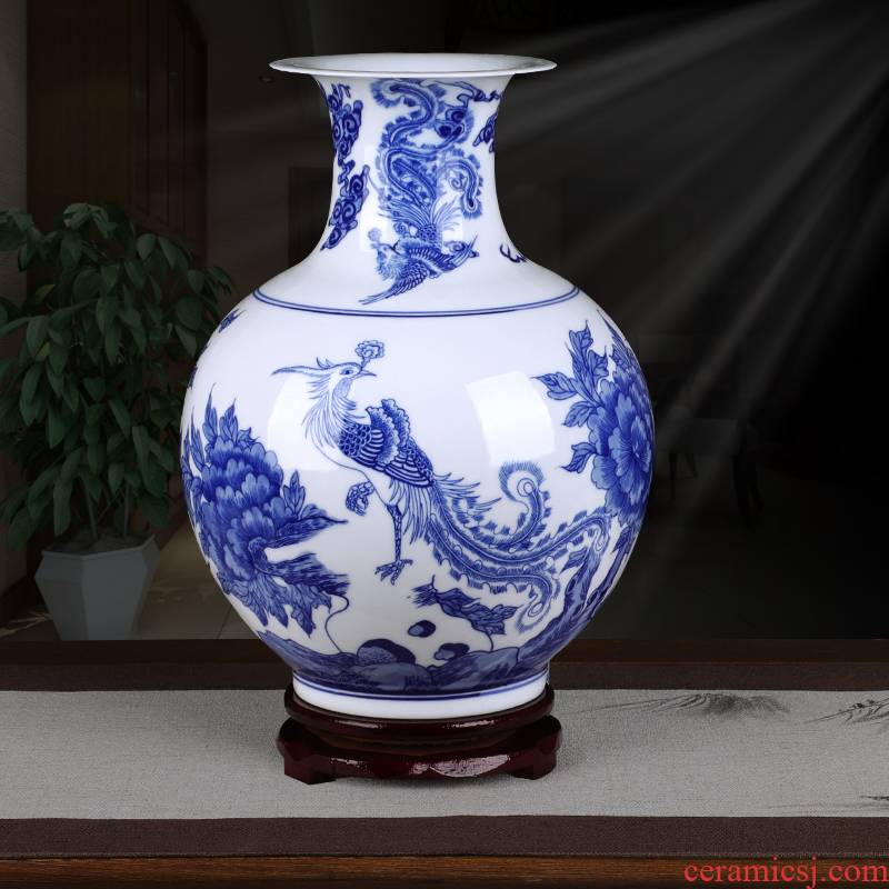 Jingdezhen ceramics hand - made of blue and white porcelain vase phoenix peony Chinese style household desktop sitting room adornment is placed