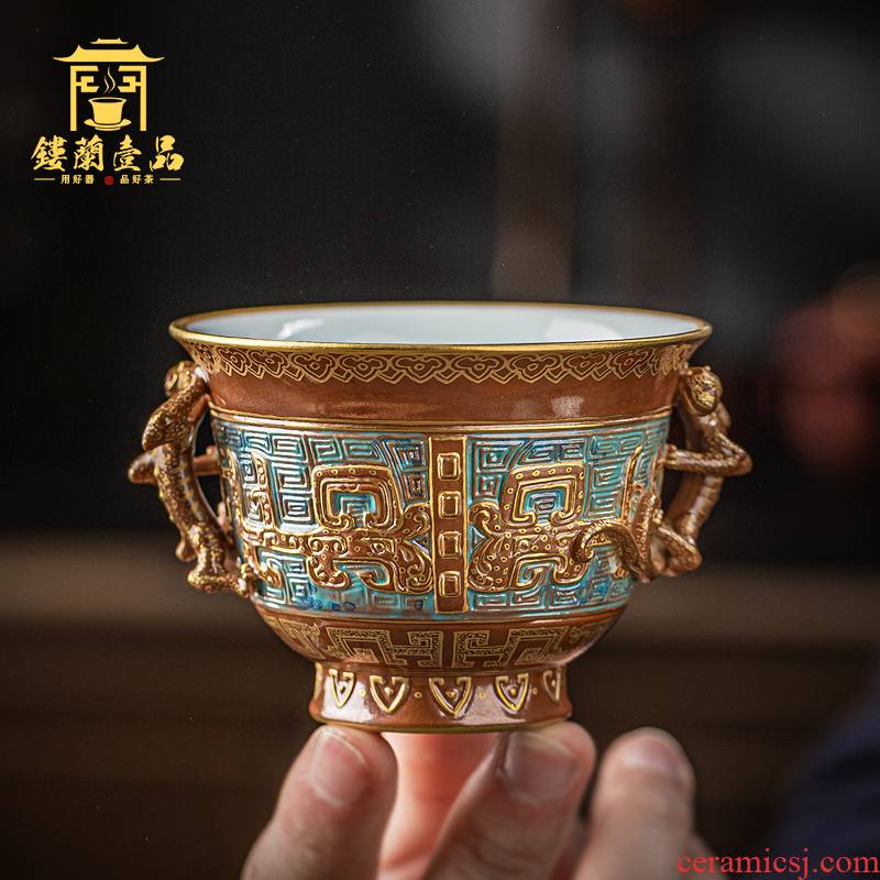 Jingdezhen ceramics by hand bronze glaze carving paint master of kung fu tea cup household single cup large bowl