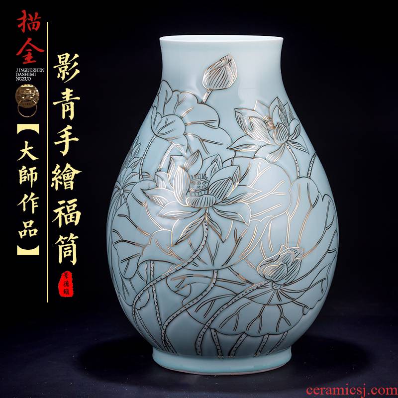 Jingdezhen ceramic vase penjing masters hand shadow blue paint f tube Chinese flower arranging retro rich ancient frame sitting room