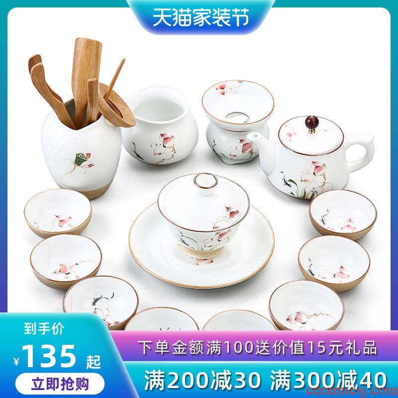 Dehua kung fu tea set suit household contracted 6 only hand - made ceramic cup lid bowl of tea set