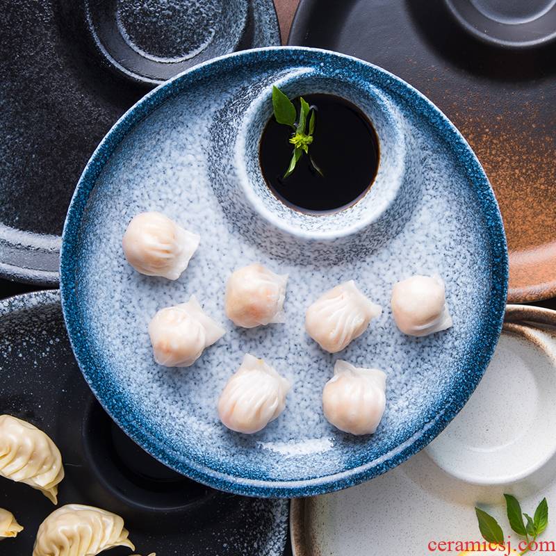 Dumplings plate household ceramic tableware with vinegar dish of Japanese circular creative cold dish plate frame dish dish fish dish restoring ancient ways