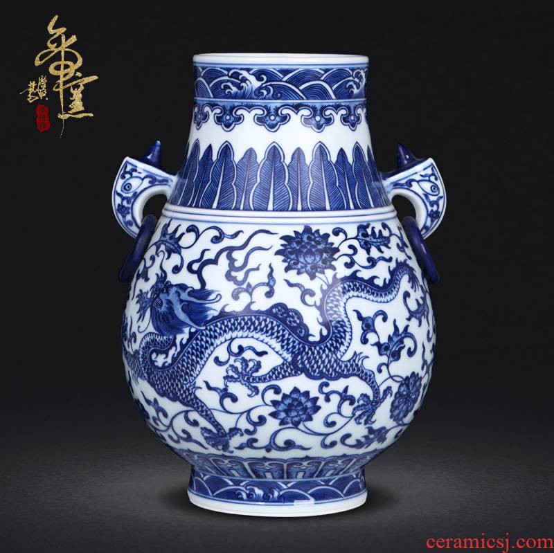Antique hand - made double listen tube of the sitting room of blue and white porcelain of jingdezhen ceramics household flower adornment handicraft furnishing articles