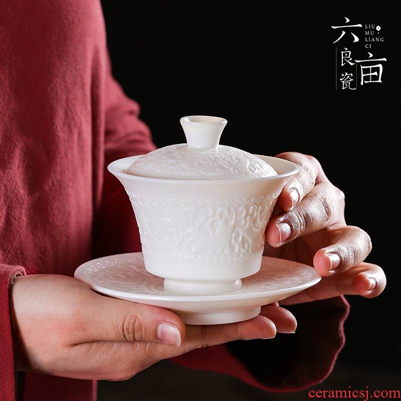 White porcelain tureen ceramic tea cups kung fu tea set suet jade teapot three of the bowl bowl suit with cover with a gift