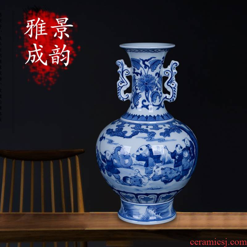 Jingdezhen ceramic tong qu ears statute of blue and white porcelain vase of new Chinese style household flower arrangement sitting room adornment is placed