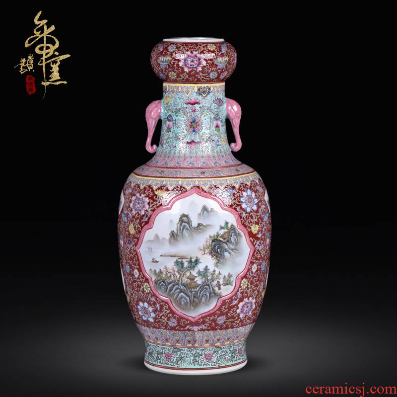 Jingdezhen ceramic vase furnishing articles hand - made archaize pastel landscape trunk garlic bottle of large vases, high copy