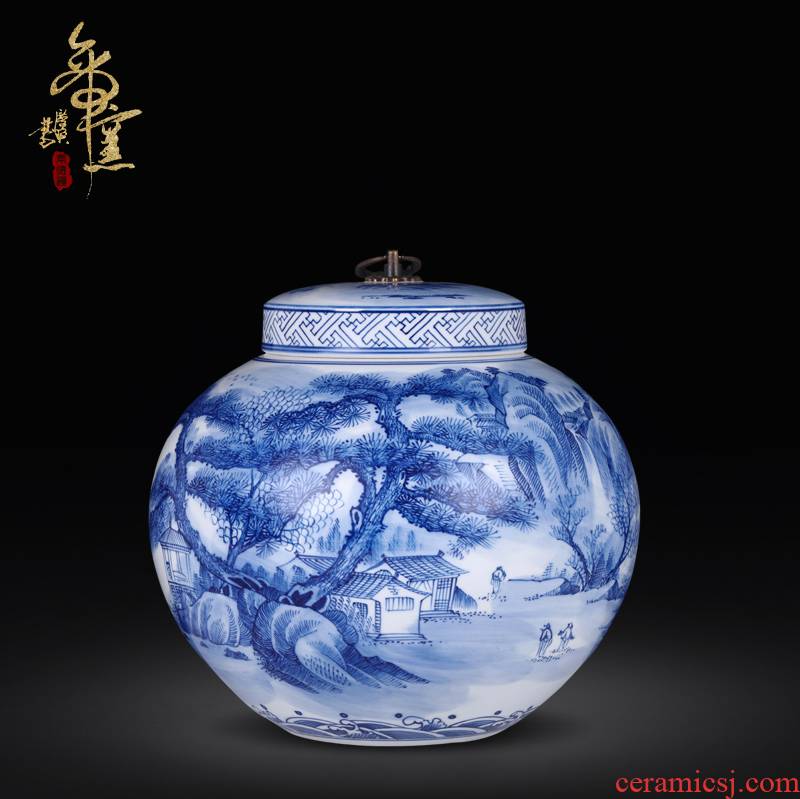 Jingdezhen hand blue and white porcelain vases, large storage tank ceramic tea pot with cover porcelain home decoration