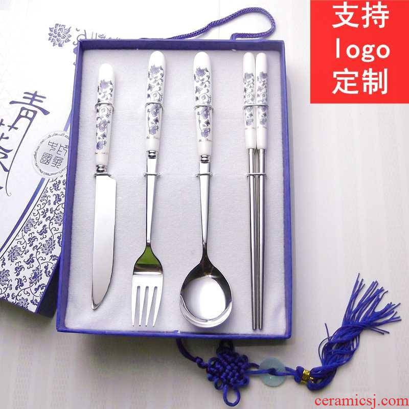 Chinese blue and white porcelain tableware suit stainless steel chopsticks spoons western food knife and fork 4 times difference gifts in return box