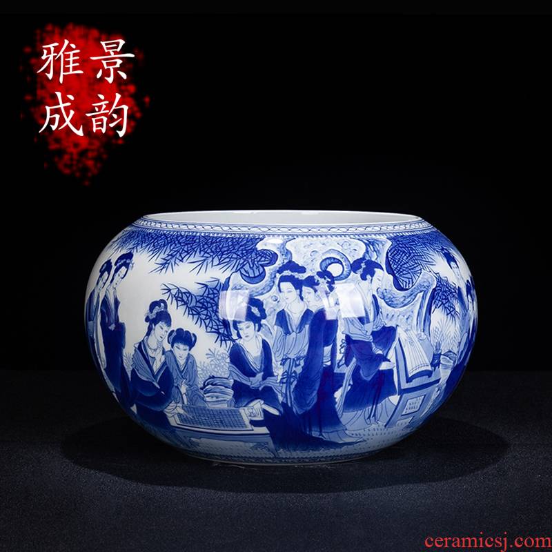 The New Chinese blue and white porcelain of jingdezhen ceramics. The Beauty is the gold hair pin cylinder home sitting room aquarium decoration furnishing articles