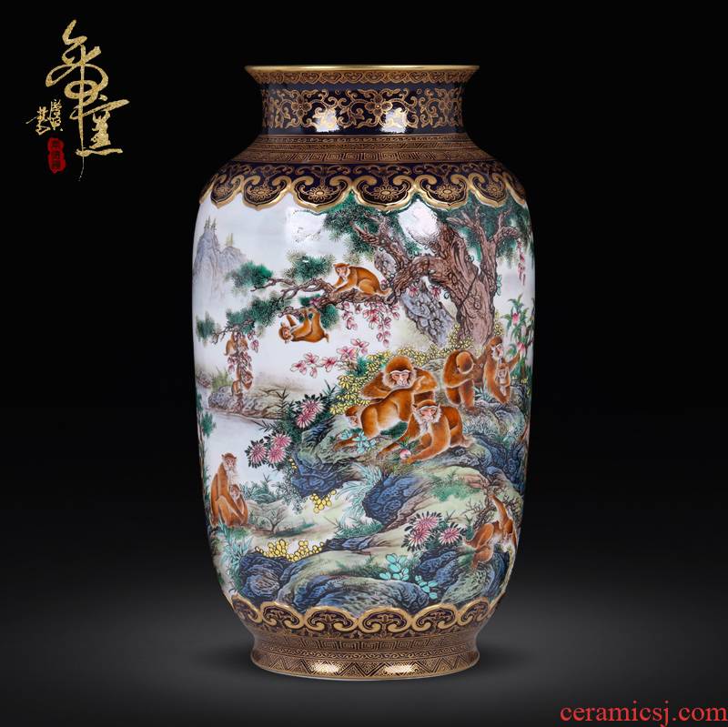 Jingdezhen ceramics antique hand - made pastel group of apes figure vase sitting room porch decoration of Chinese style household furnishing articles